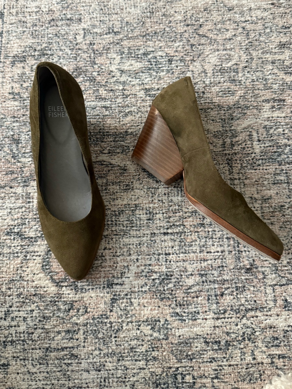 Eileen Fisher Olive Suede Pointed Block Heels